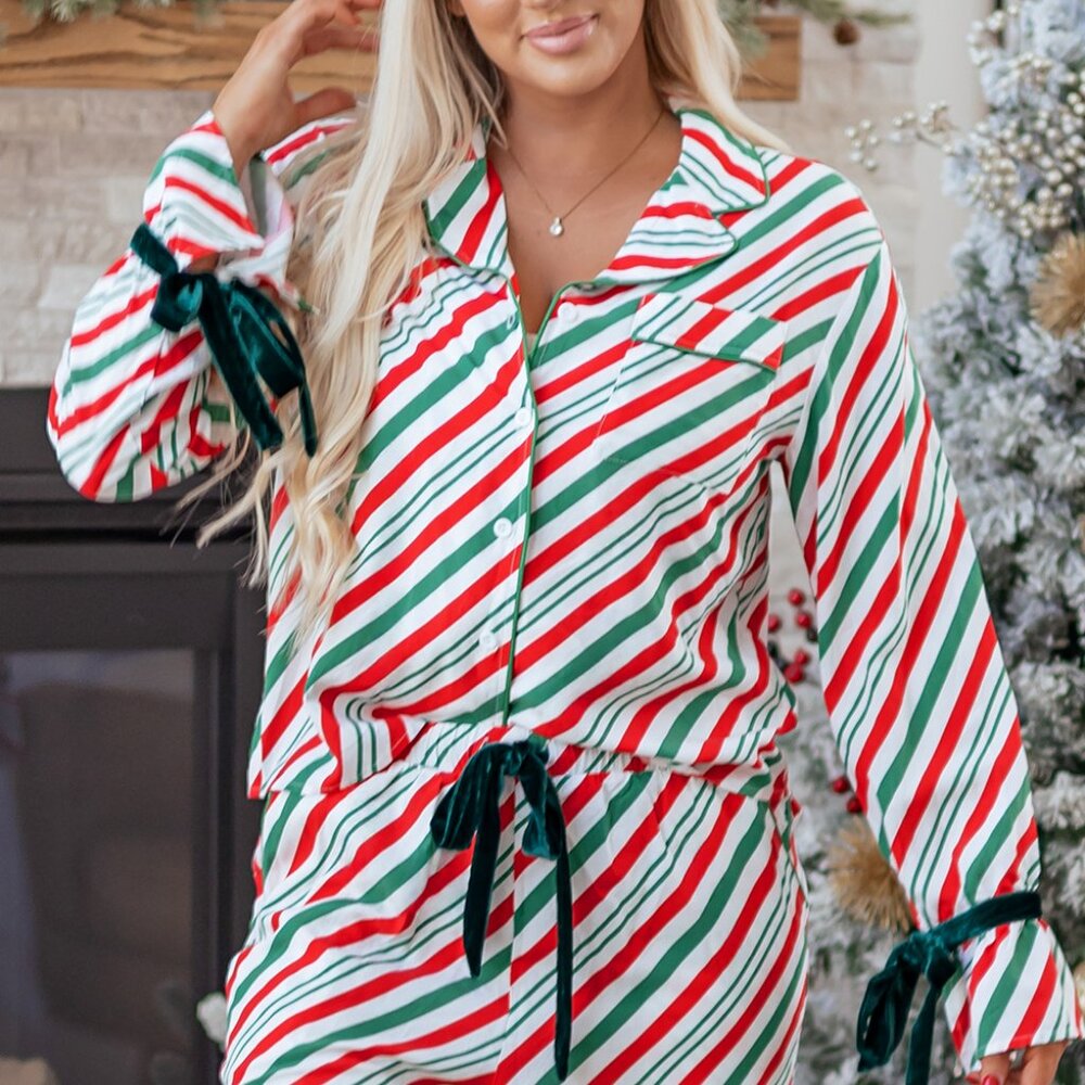 B316 Green Stripe Velvet Ribbon Knot Christmas 2 pcs PJ Set